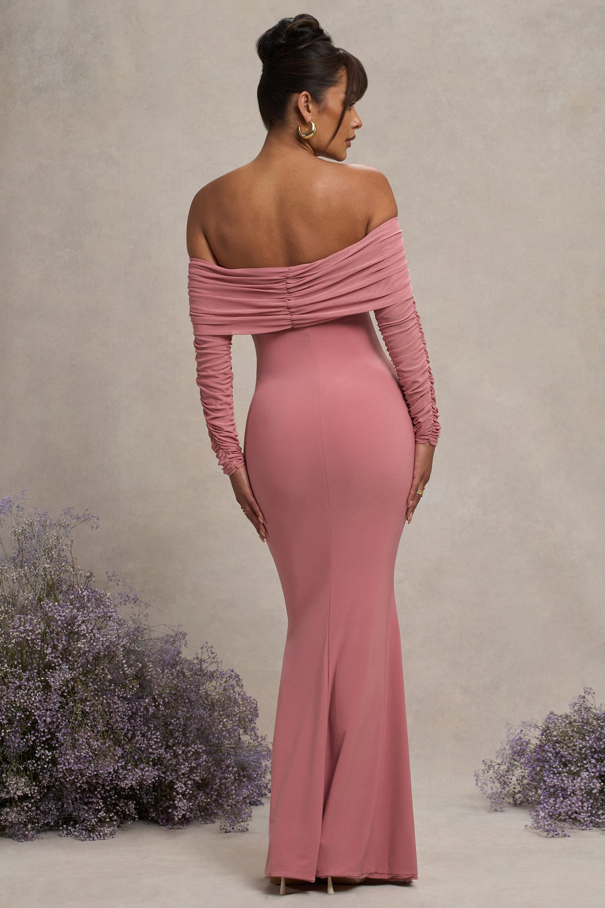 Pretty Perfect | Blush Pink Maternity Ruched Mesh Bardot Maxi Dress - Club L 