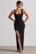 Kate | Black Square Neck Maxi Dress with Plunge Back and Side Thigh Split - Club L 