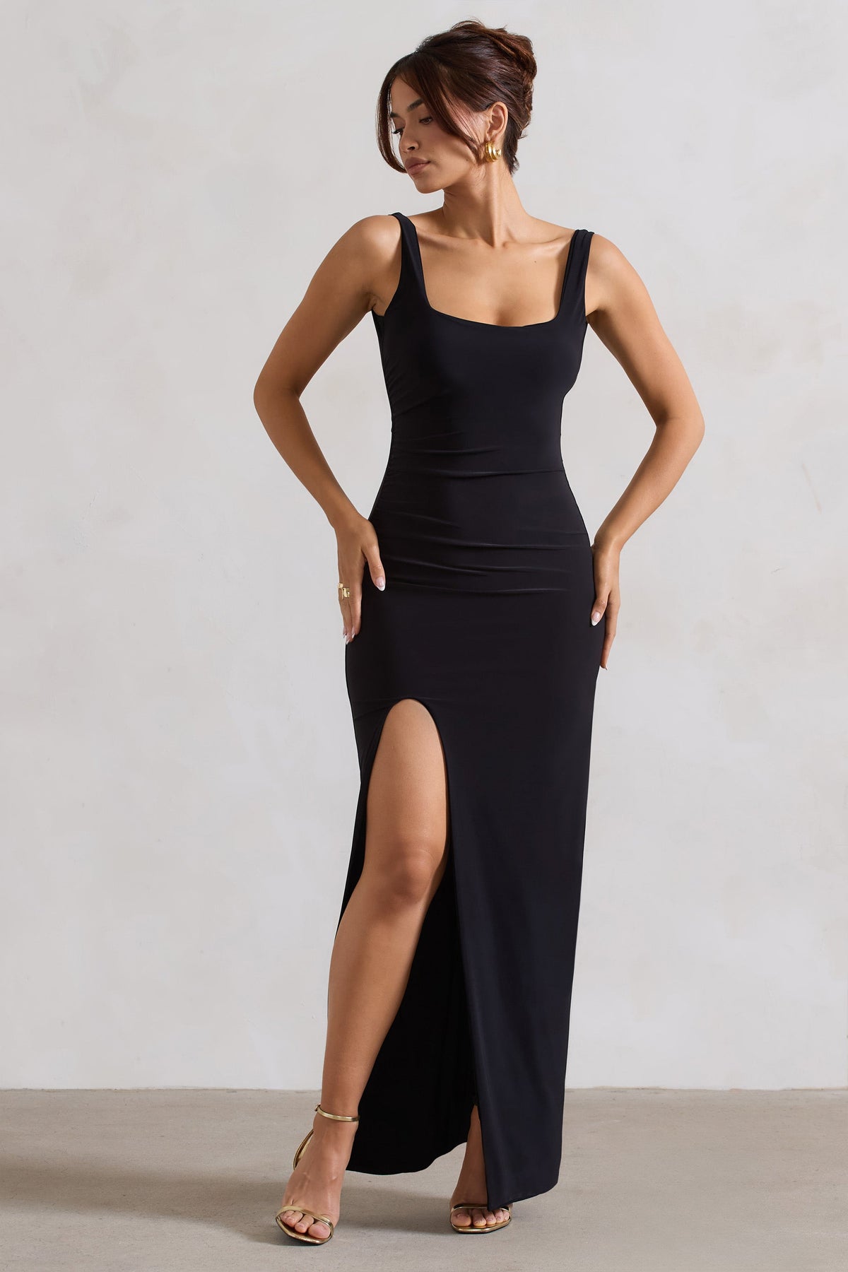 Kate | Black Square Neck Maxi Dress with Plunge Back and Side Thigh Split - Club L 