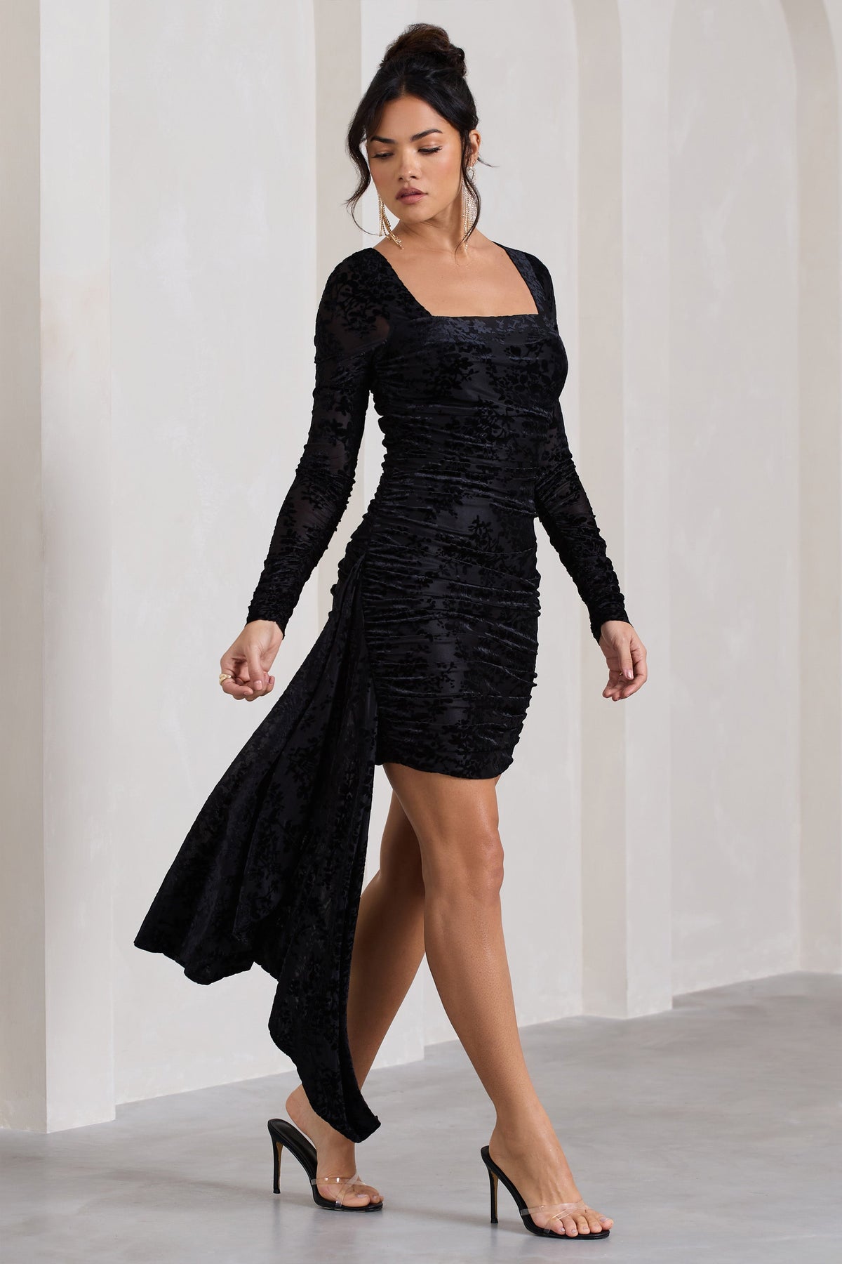 Crimson Cut | Black Velvet Floral Long-Sleeved Ruffled Bodycon Mini Dress - Club L 