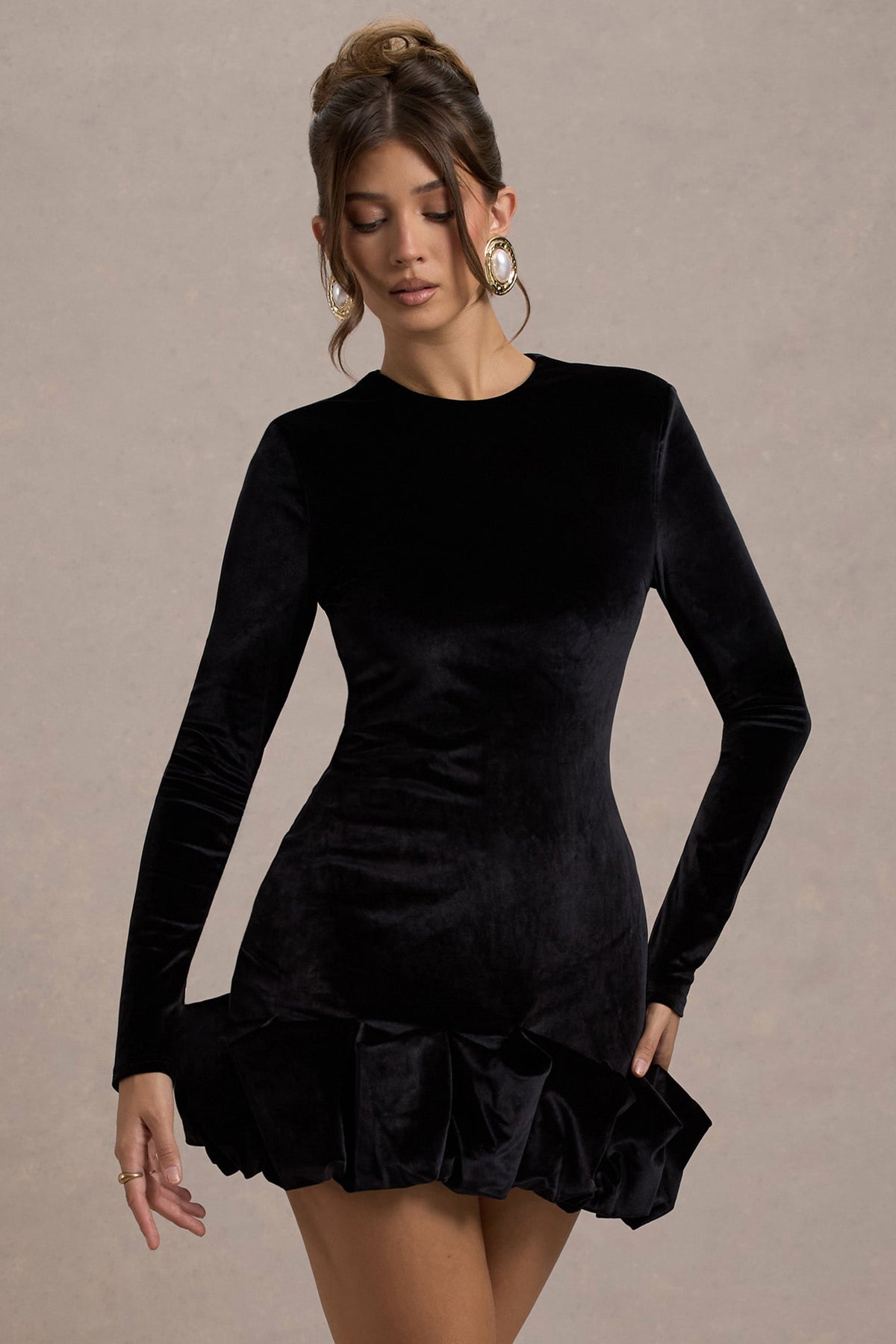 Claudine | Black Velvet Long-Sleeved Ruffled Mini Dress - Club L 