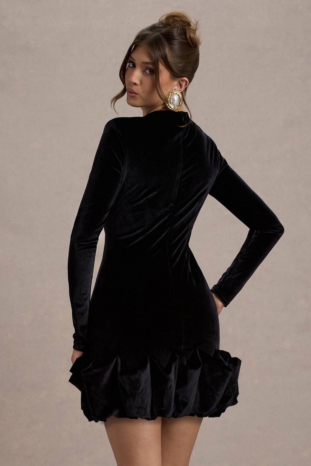 Claudine | Black Velvet Long-Sleeved Ruffled Mini Dress - Club L 