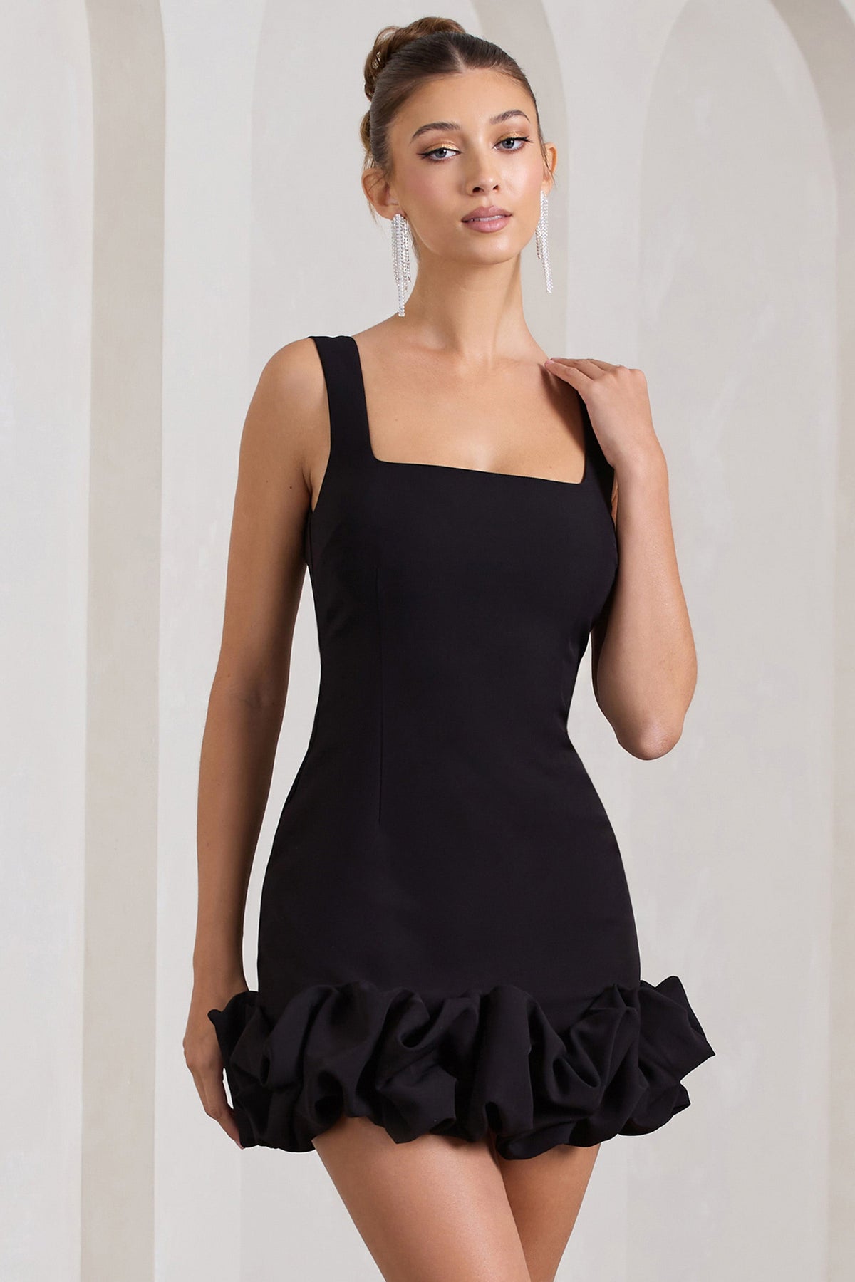 Lucy | Black Strappy Mini Dress With Ruffle Trim - Club L 