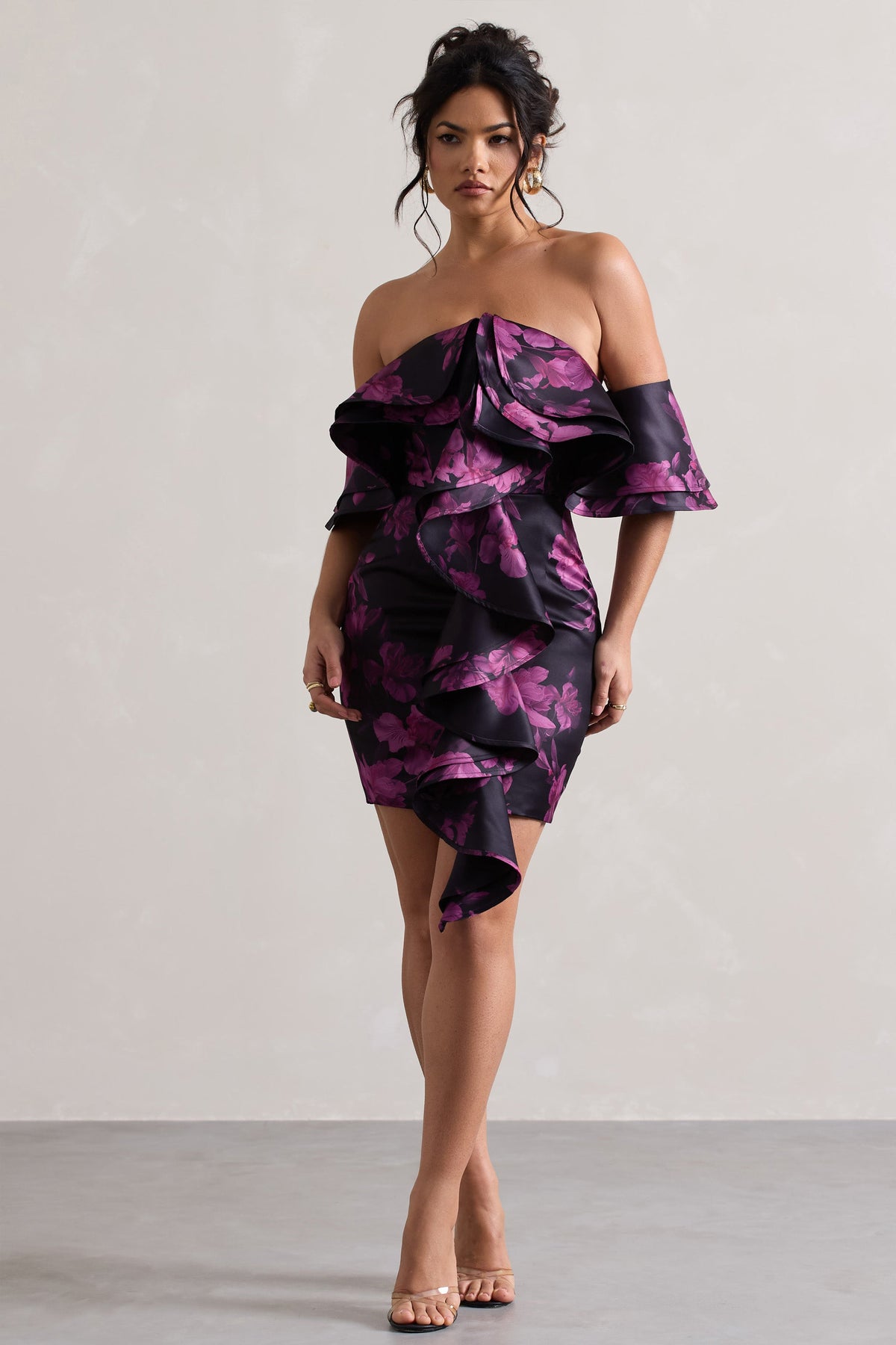 Aspen | Black Floral Print Bardot Mini Dress With Ruffles - Club L 