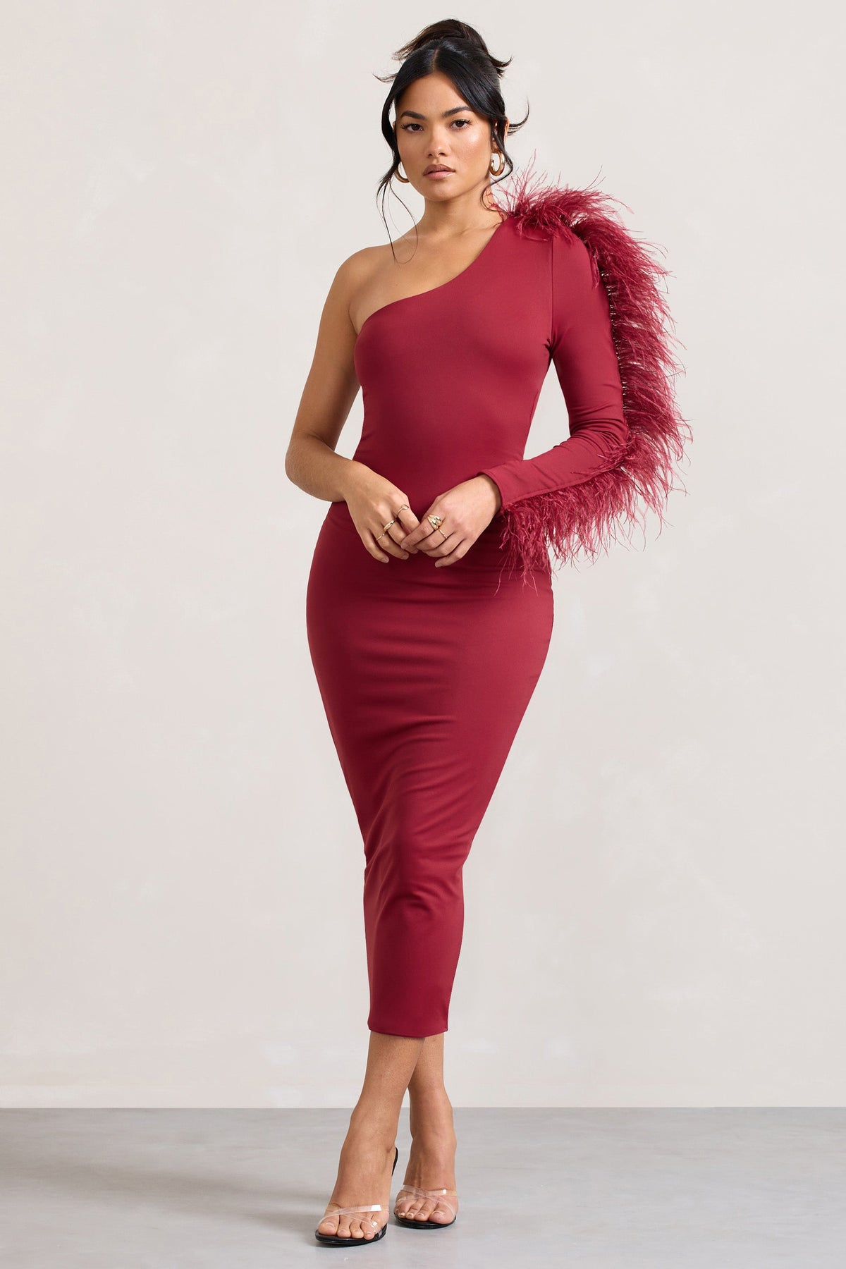 Wild One | Burgundy One-Shoulder Bodycon Midi Dress With Feather-Trimmed Sleeve - Club L 