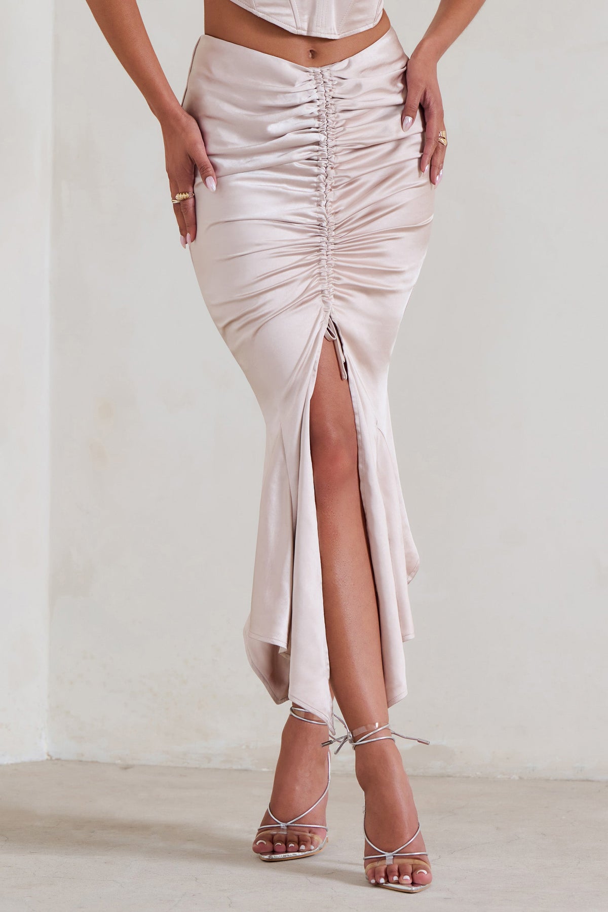Per Favore | Champagne Satin Ruched Split Maxi Skirt - Club L 