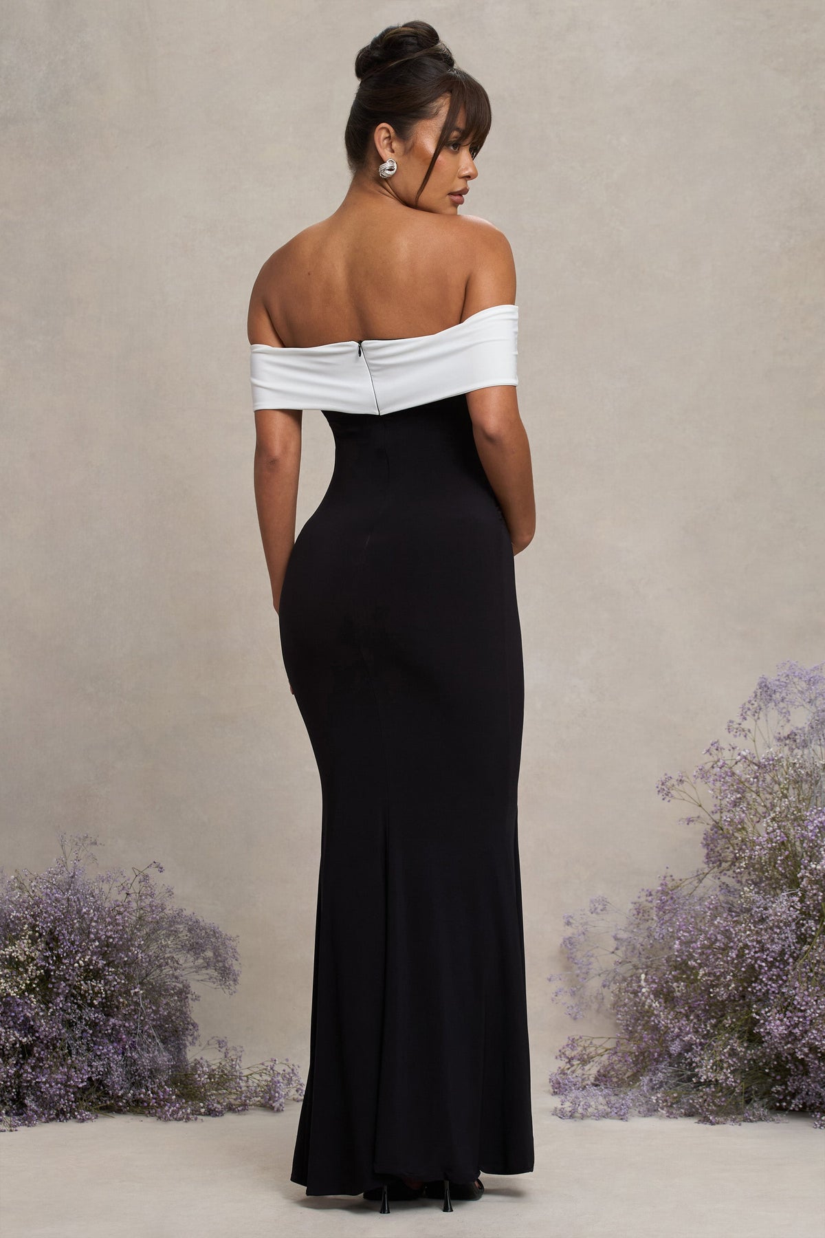 In Bloom | Black & White Bardot Maternity Maxi Dress With Flower - Club L 