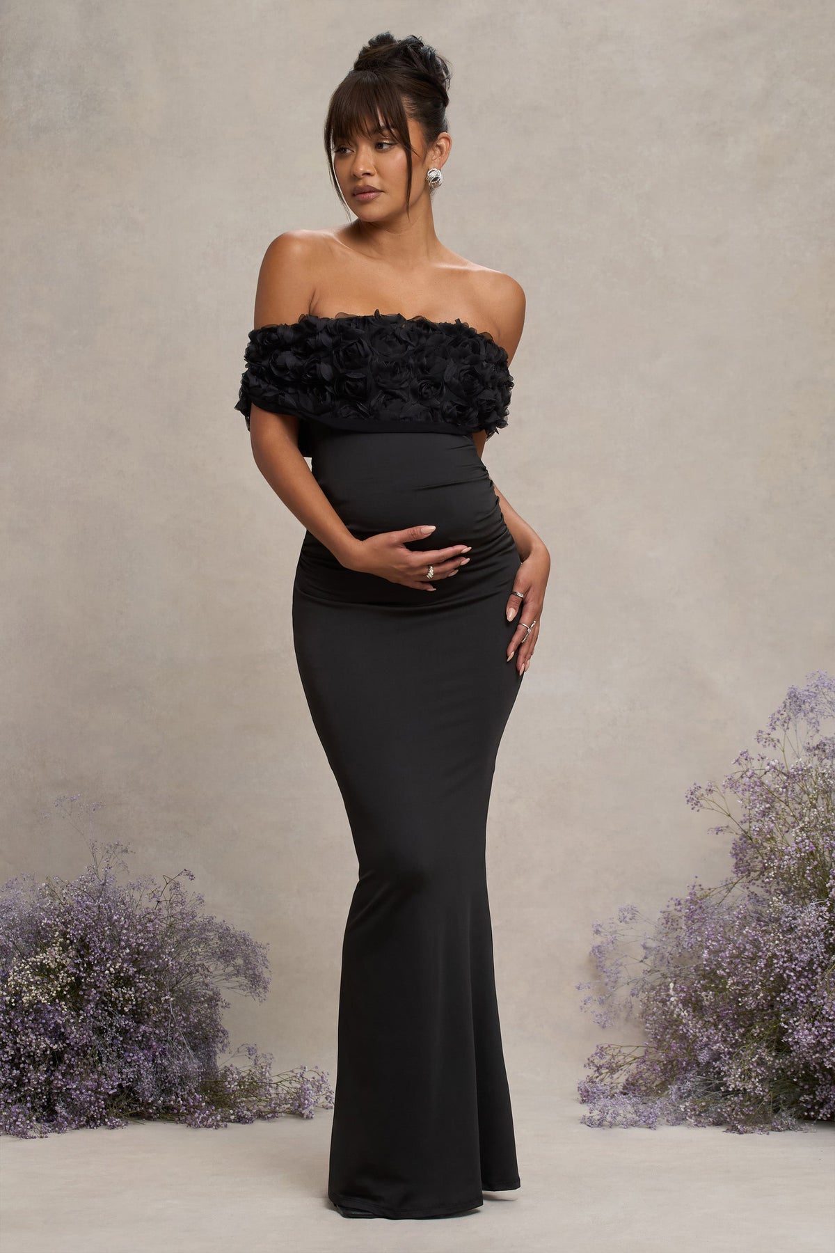 Inflorescence | Black Mesh Floral Bardot Maternity Maxi Dress - Club L 
