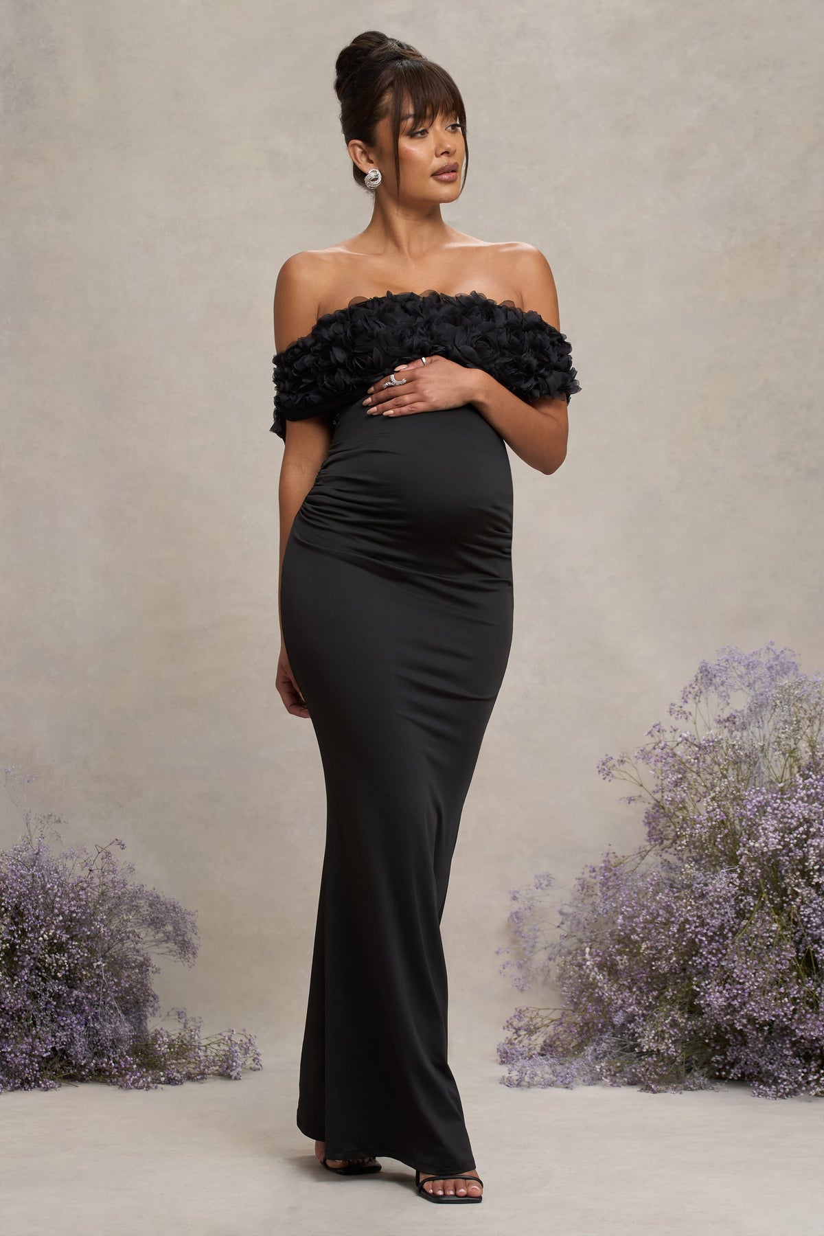 Inflorescence | Black Mesh Floral Bardot Maternity Maxi Dress - Club L 
