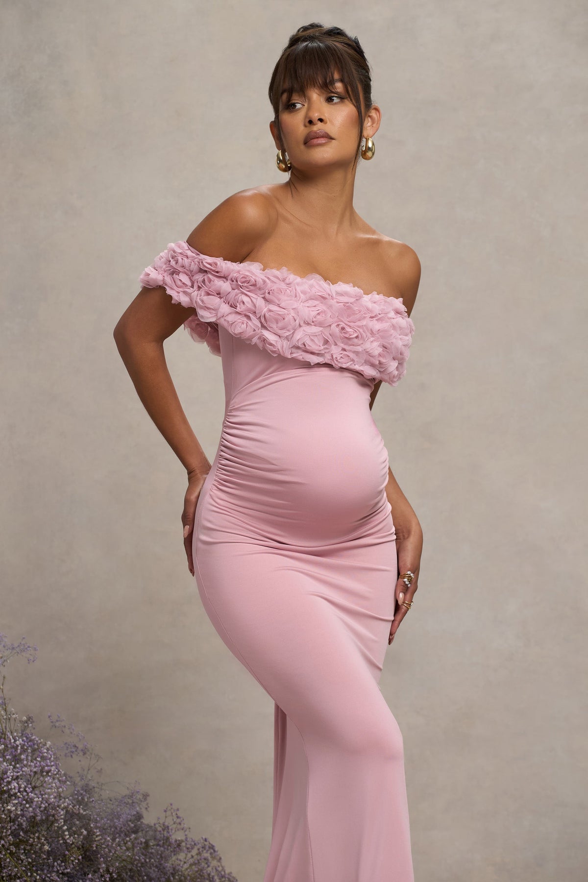 Inflorescence | Blush Pink Mesh Floral Bardot Maternity Maxi Dress - Club L 