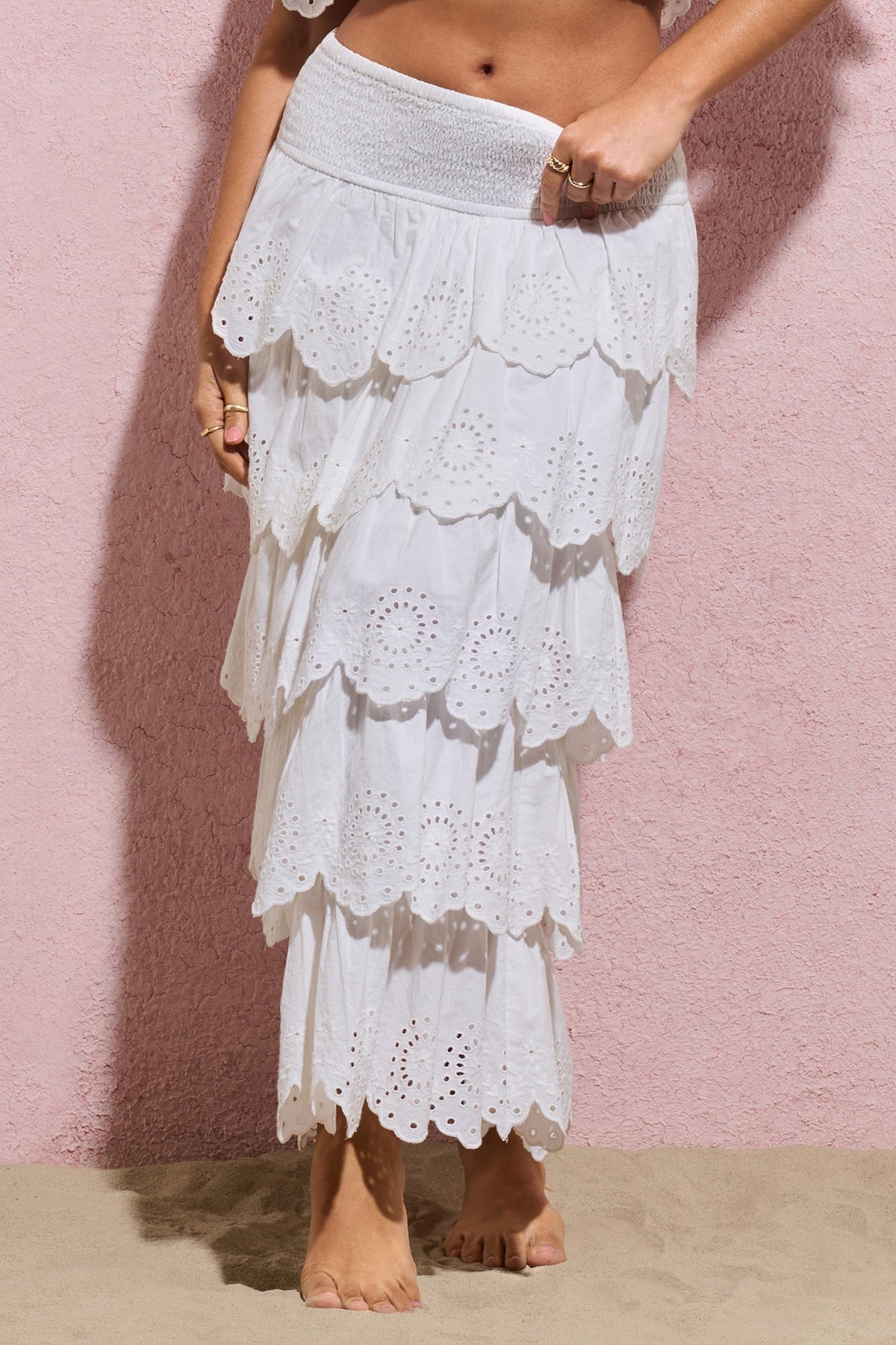 Vista | White Broderie Ruffled Tiered Maxi Skirt - Club L 