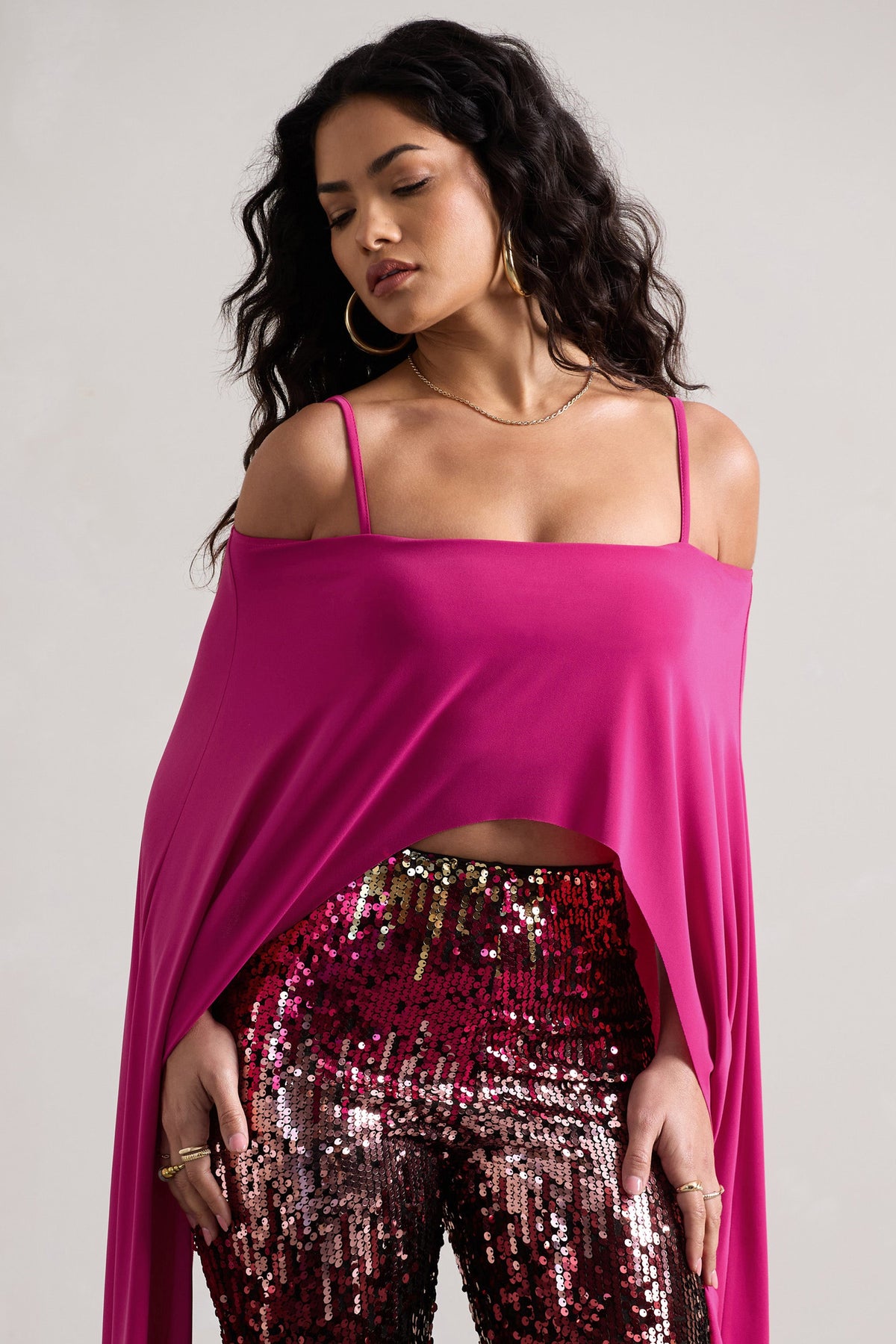 Floyd | Dark Pink Bardot Cape Sleeve Crop Top - Club L 