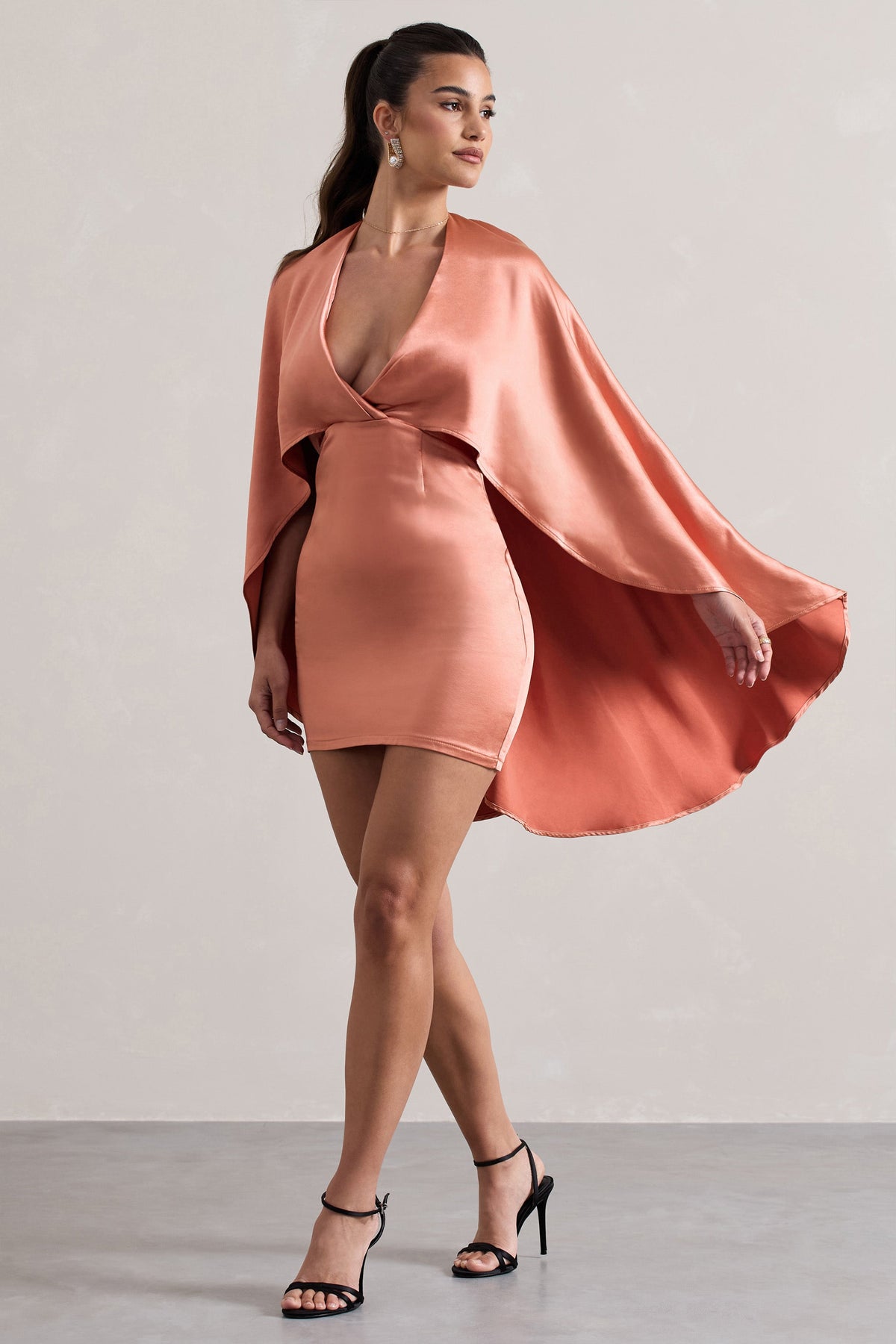 Olsen | Coral Satin Plunge-Neck Cape Mini Dress - Club L 