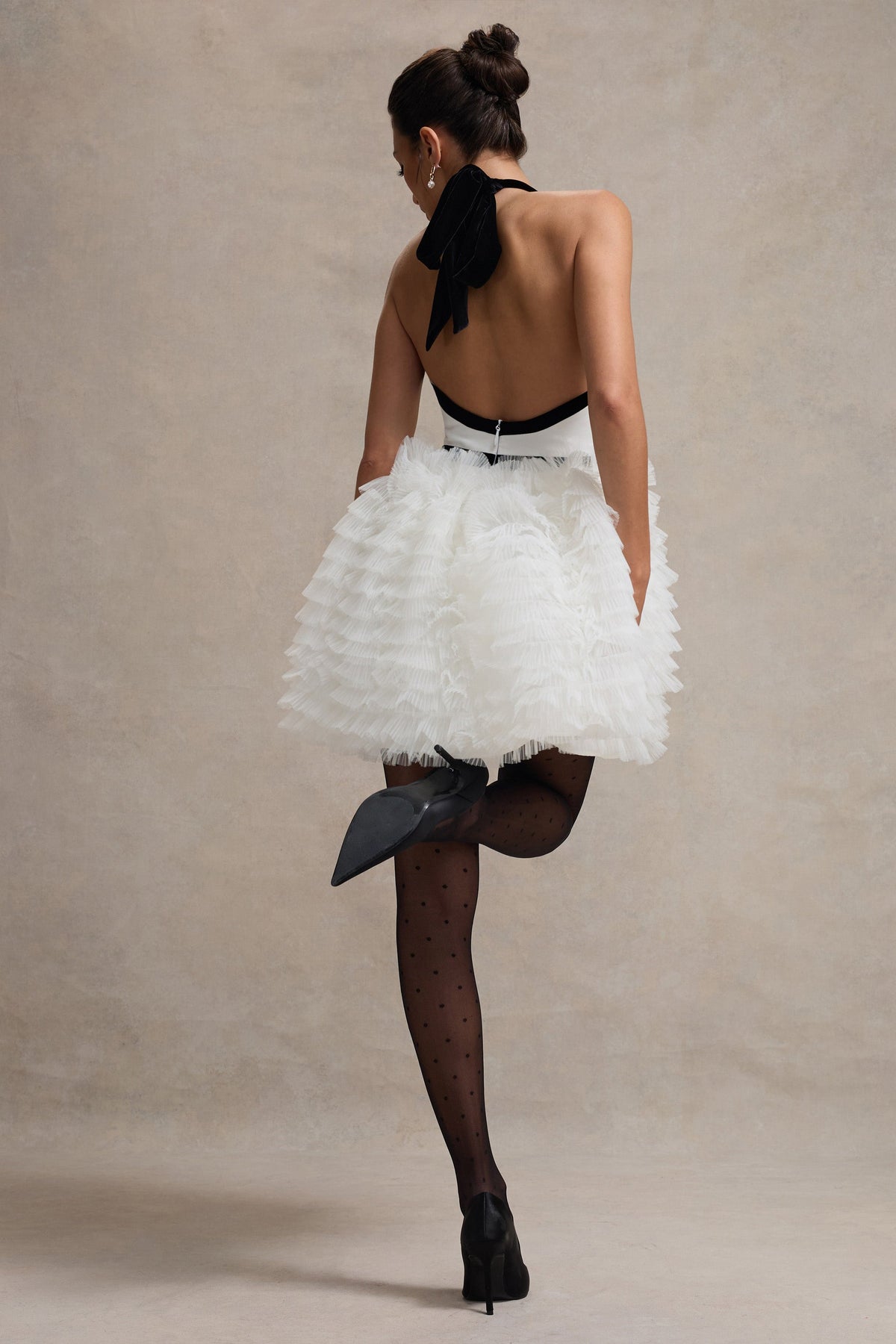 Eclair | Black & White Plunge-Neck Mini Dress With Tulle Skirt - Club L 