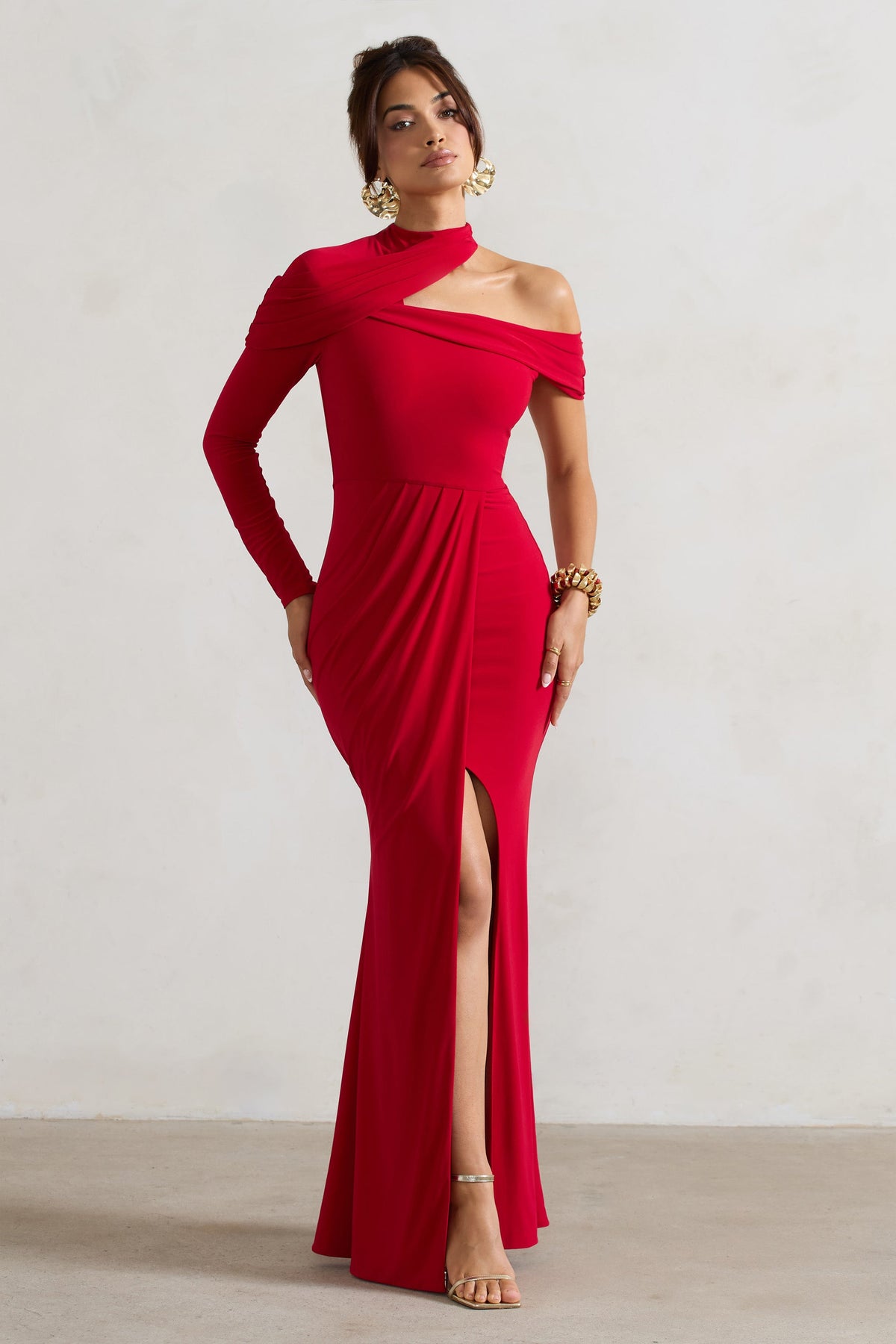 Tyla | Red Asymmetric High-Neck Split Maxi Dress - Club L 
