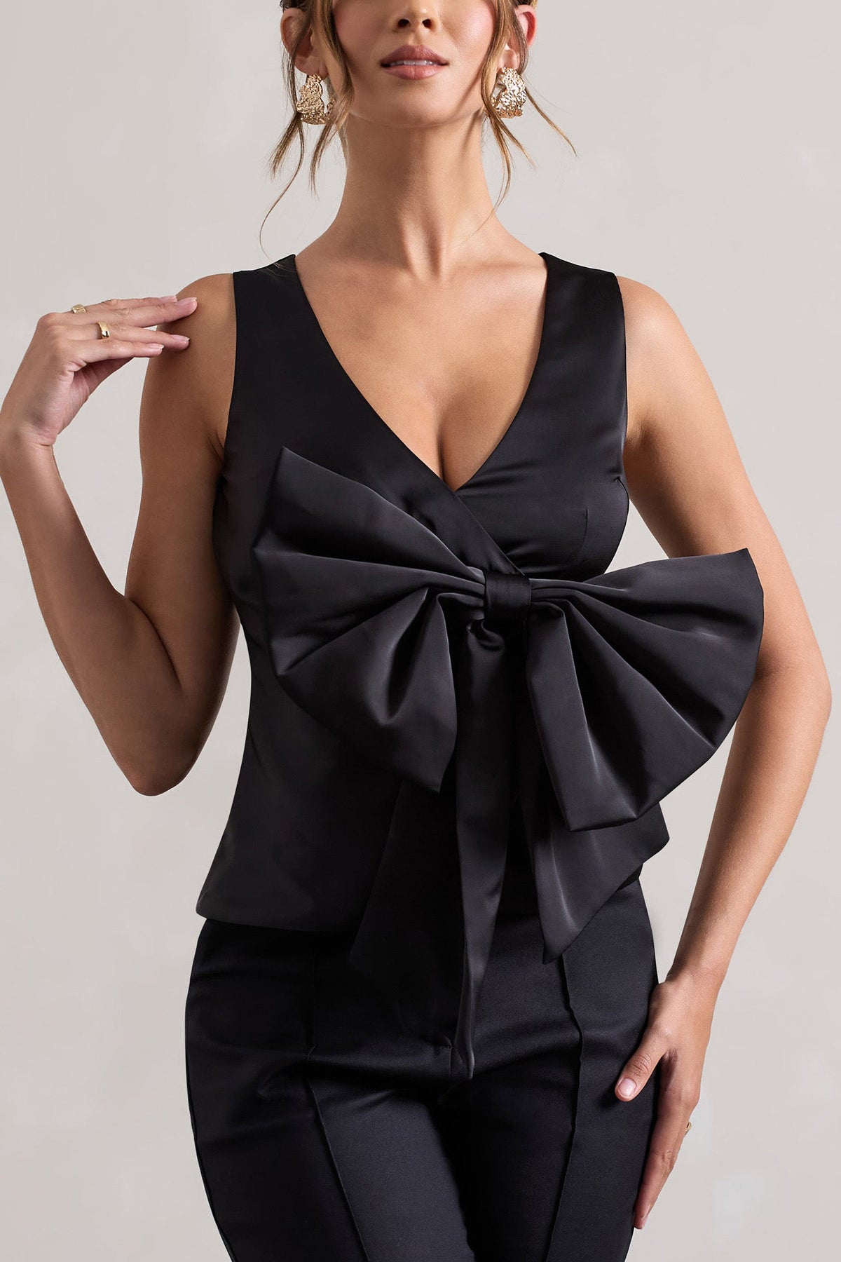 Adoration | Black Satin Plunge-Neck Top With Bow - Club L 