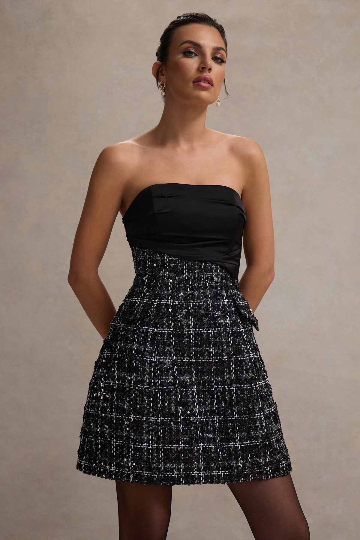 Park Avenue | Black Boucle Strapless Tailored Mini Dress - Club L 