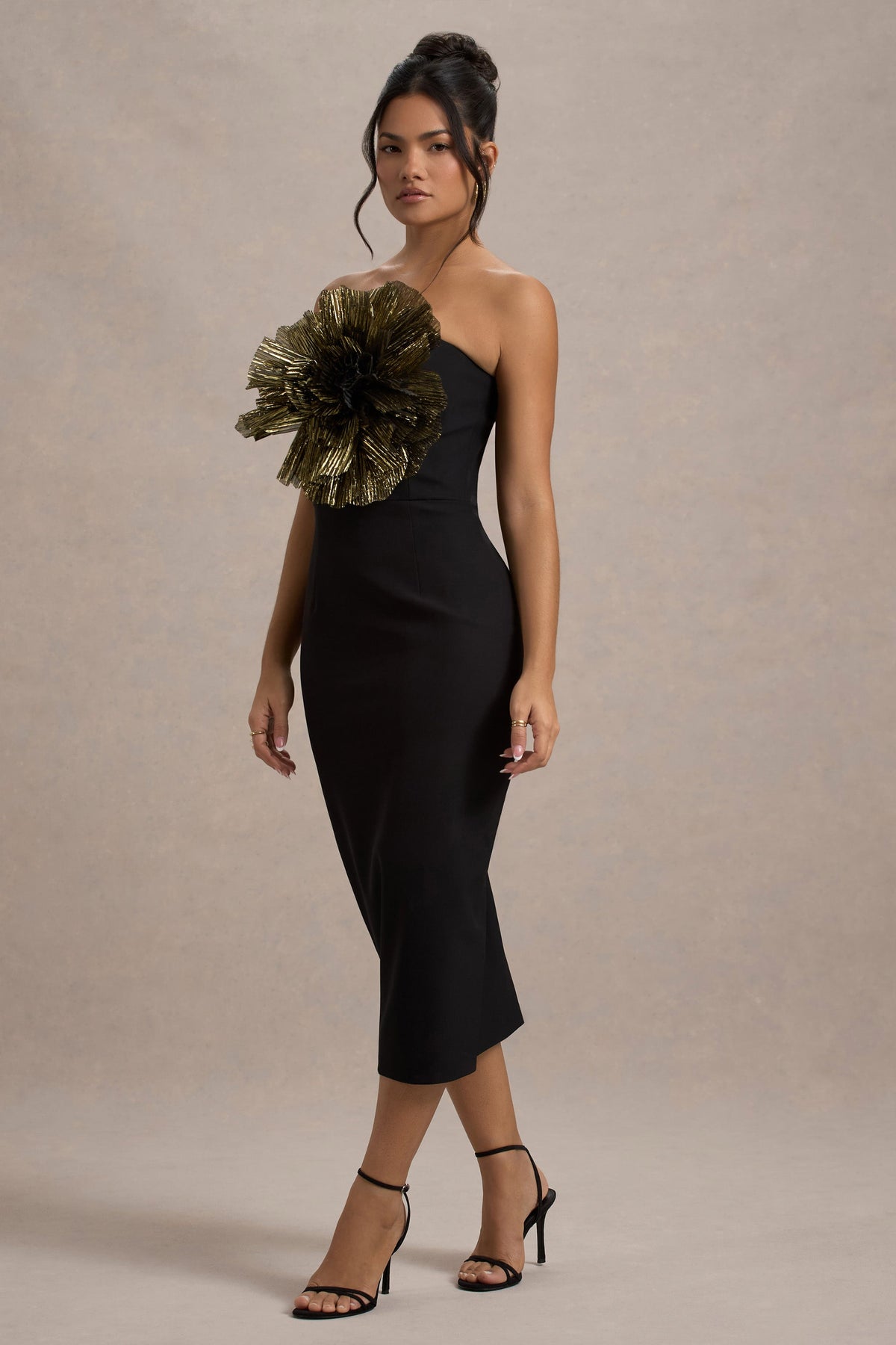 Moya | Black & Gold Bodycon Midi Dress With Corsage Detail - Club L 