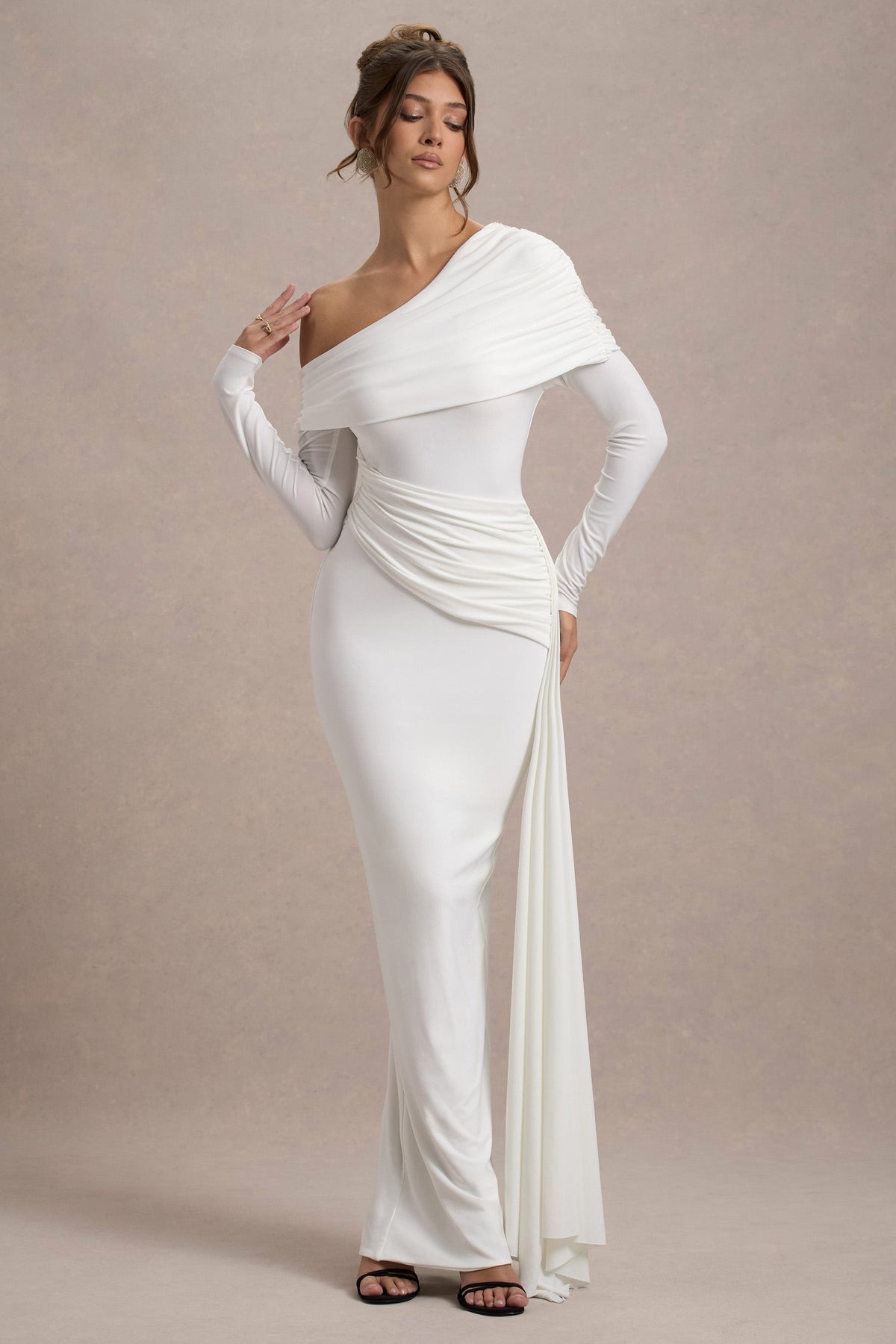 Valina | White Ruched Asymmetric Maxi Dress With Drape - Club L 