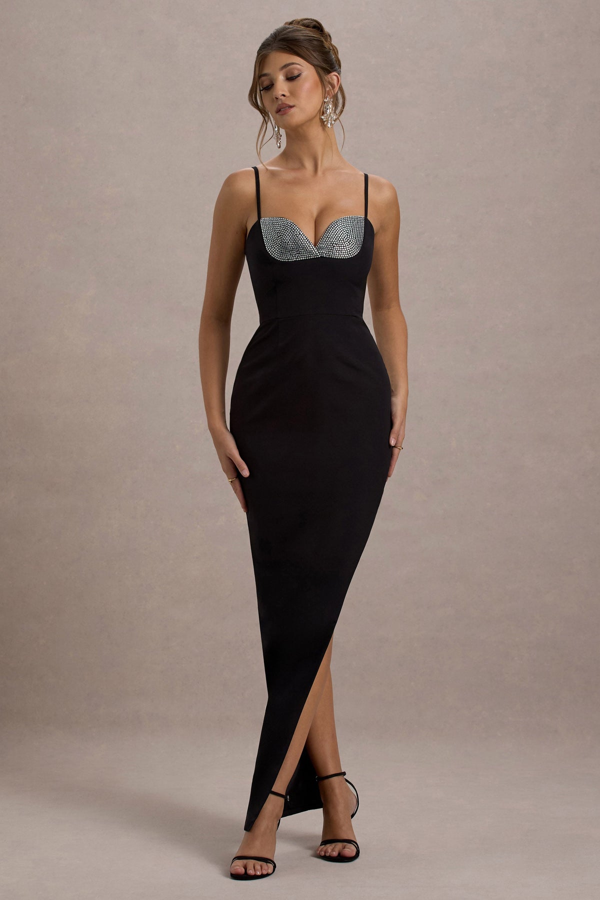 Ignacia | Black Asymmetric Maxi Dress With Embellished Sequin Detail - Club L 