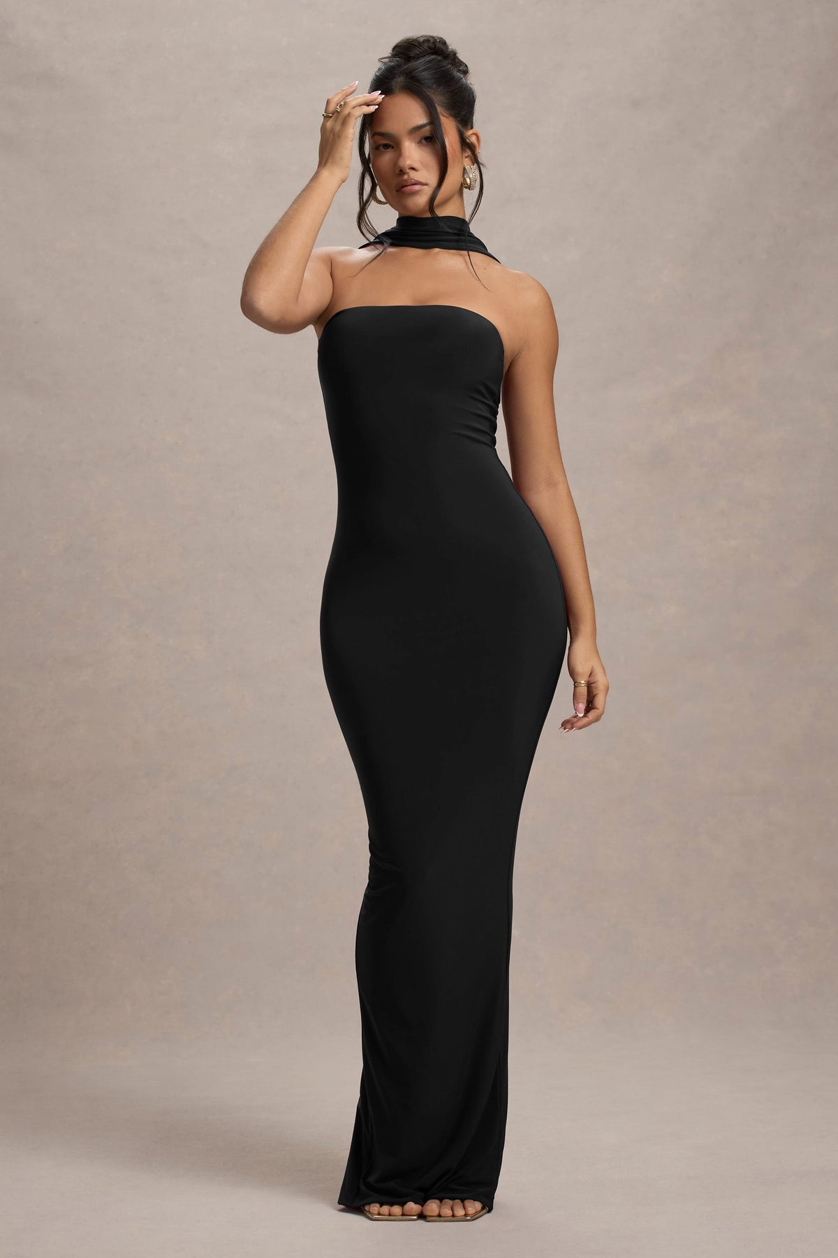 Nobu | Black Bandeau Maxi Dress With Halter-Collar - Club L 