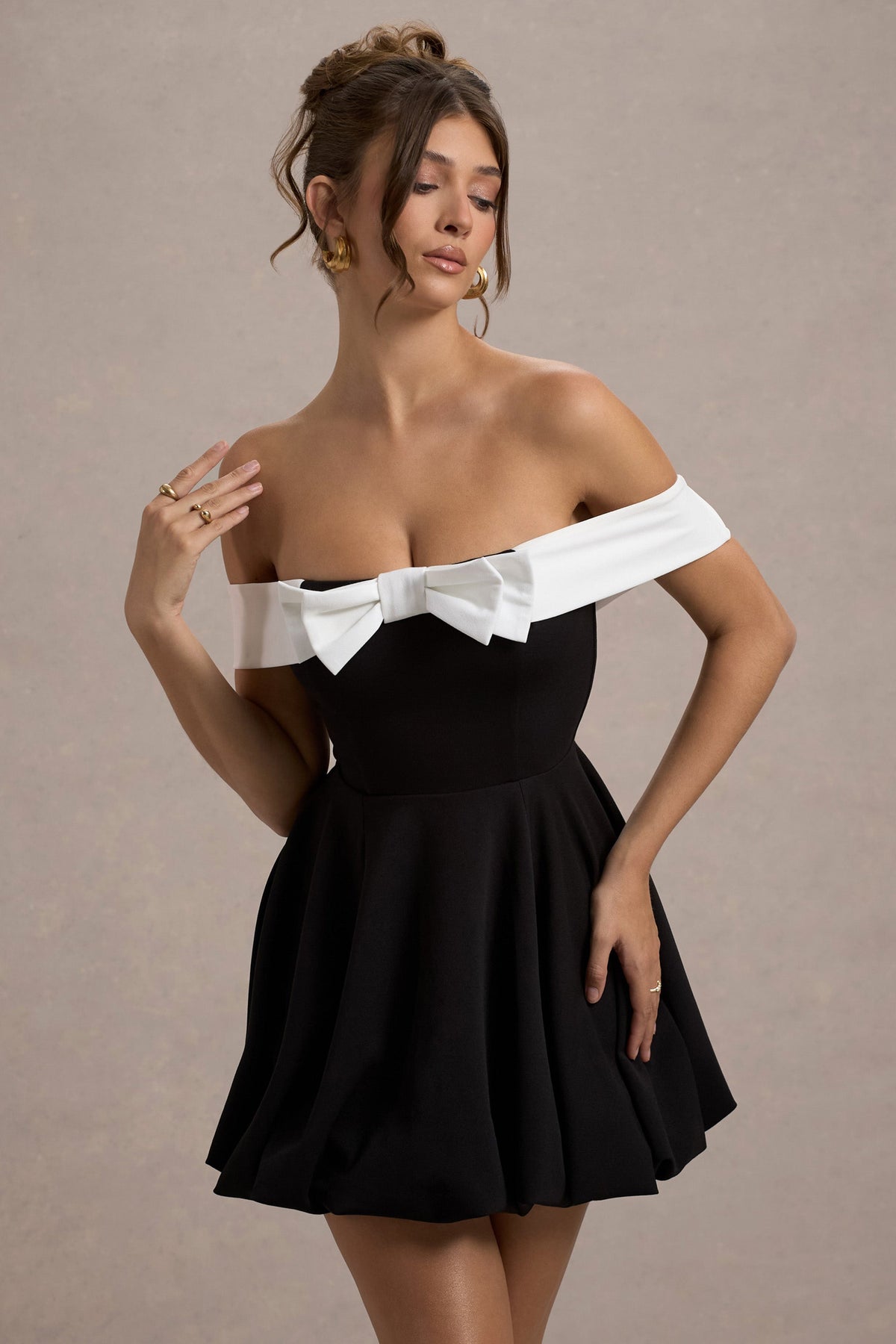 Minimoiselle | Black & White Bow Bardot Mini Dress With Puff-Ball Skirt - Club L 