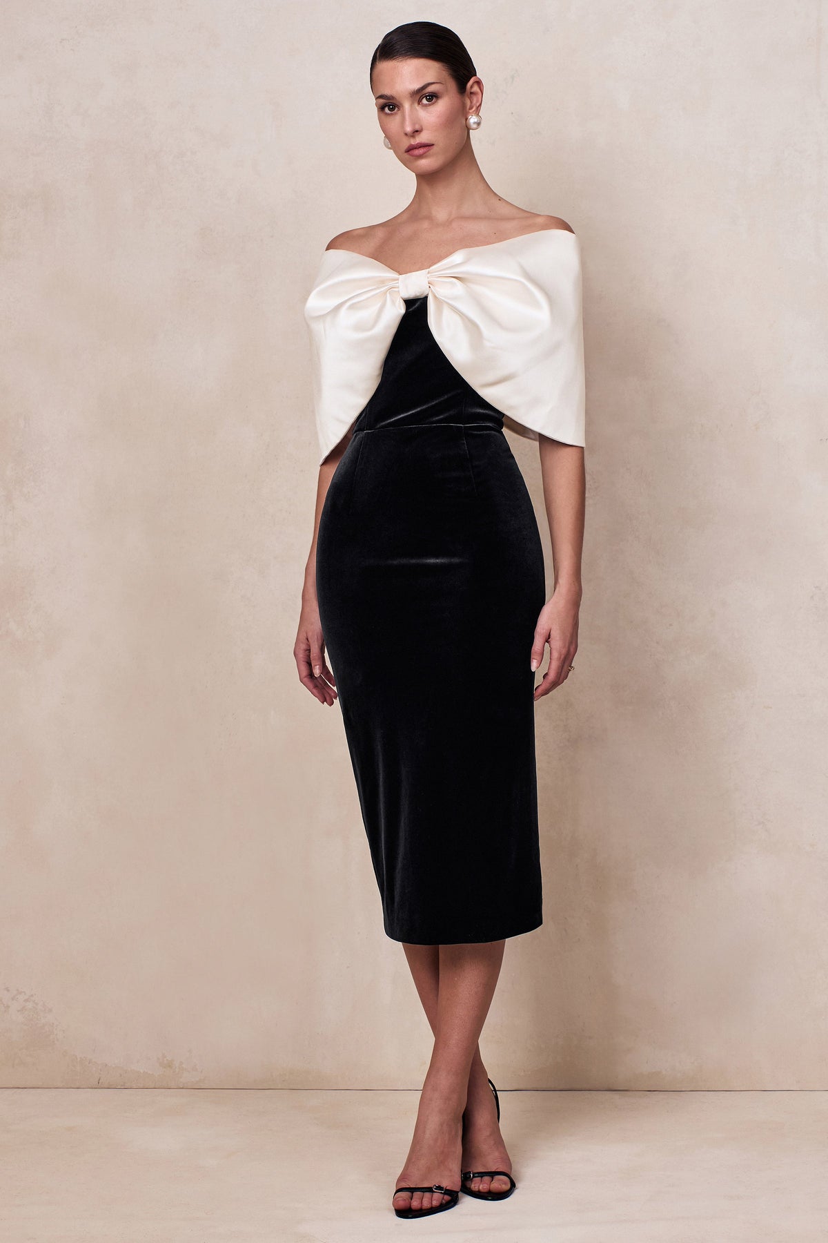 ECM_CL136903240 - Twilight | Black And White Velvet Bardot-Neck Midi Dress With Oversized Satin Bow 02.jpg
