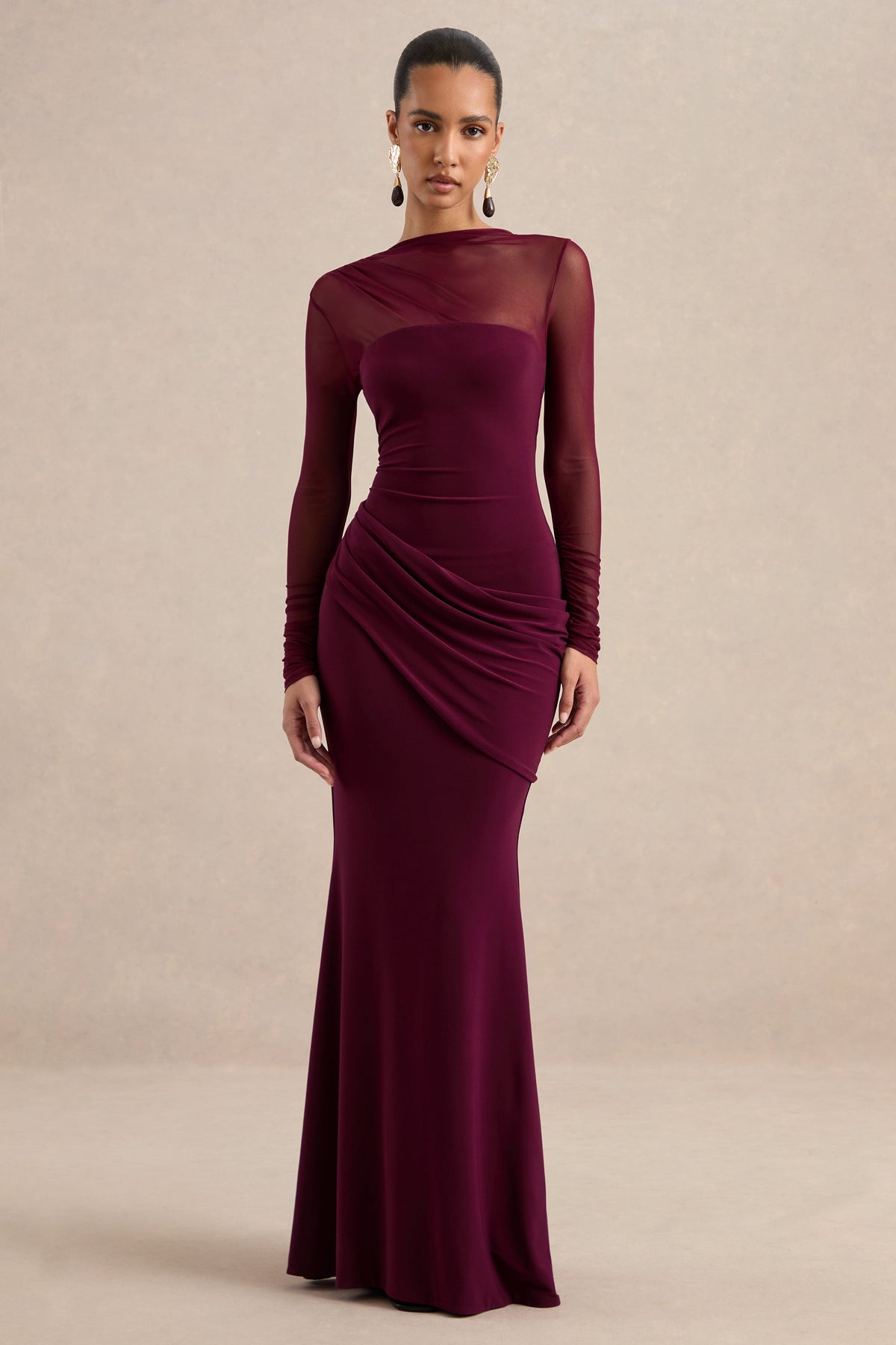 ECM_HR_CL136998102 Deema | Burgundy Jersey High Neck Long Sleeve Maxi Dress With Ruching (2).jpg