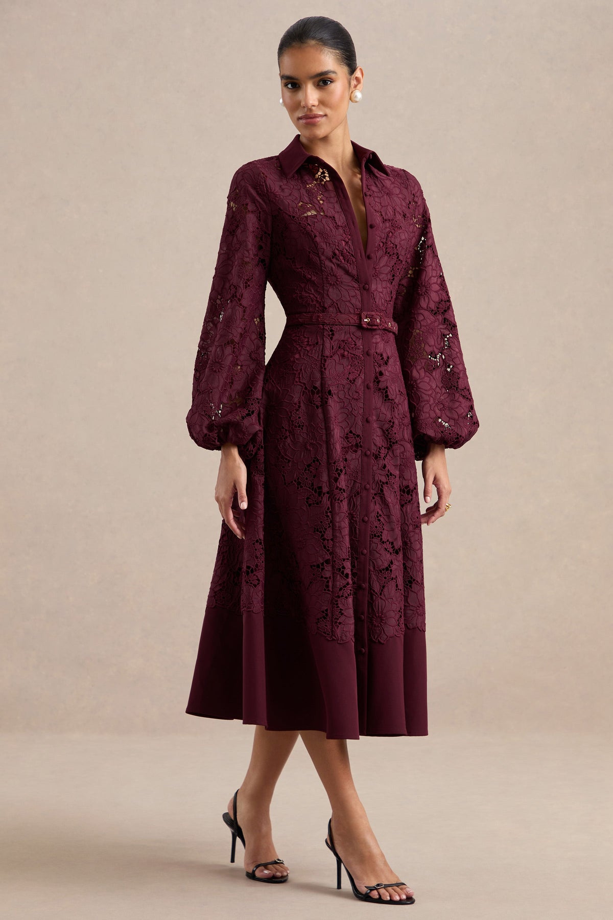 ECM_HR_CL137351102 - Jules _ Burgundy Broderie V Neck Long Sleeve A-Line Midi Dress With Belt Detail1.jpg