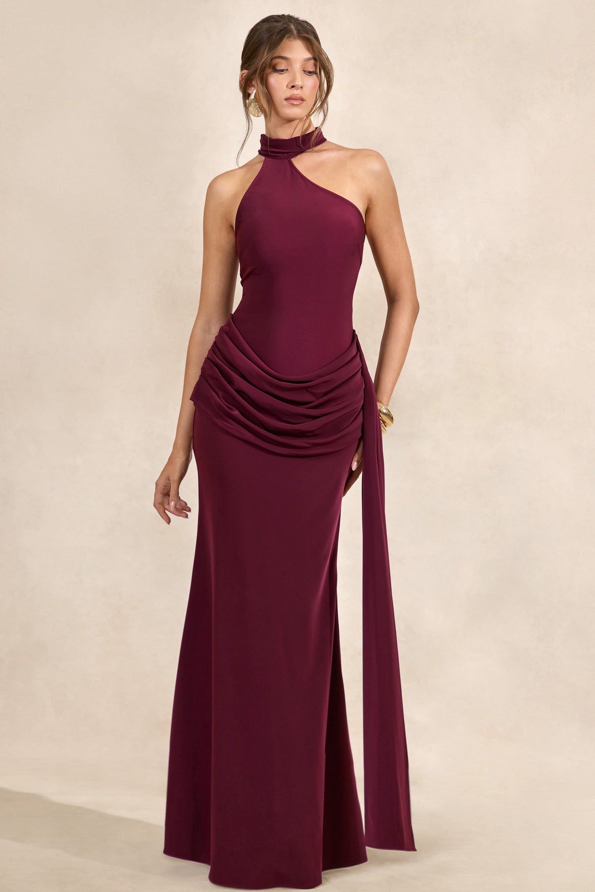 CL137729102 - Aevina _ Burgundy Satin Asymmetric-Neck Maxi Dress With Sash-Detail1.jpg