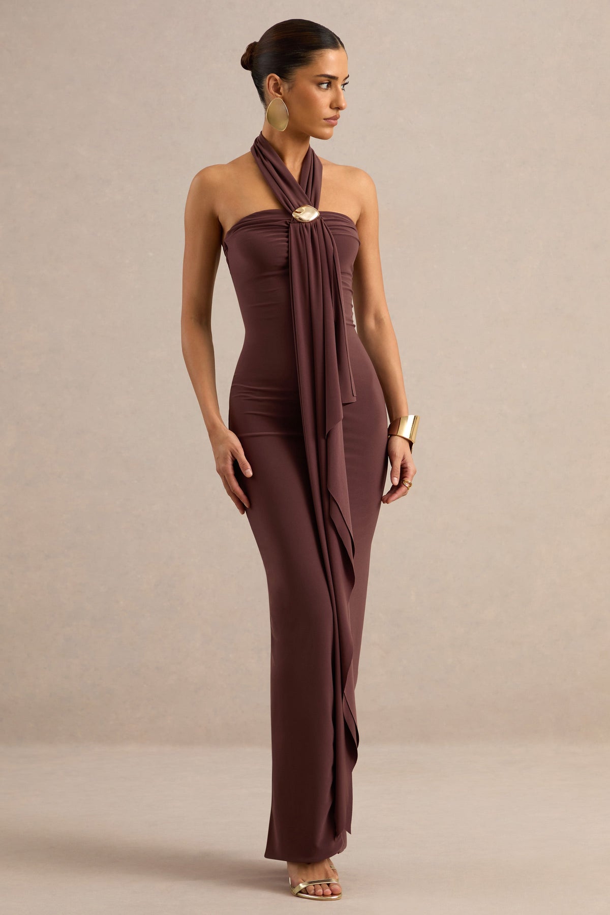 ECM_HR_CL138440022 - Delaina | Dark Brown Halter-Neck Maxi Dress With Gold Detail And Sash 2.jpg