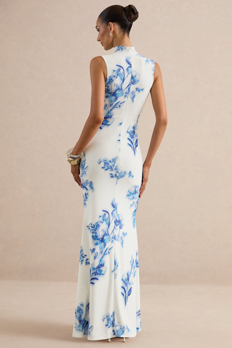 Isella Blue Floral Print High-Neck Maxi Dress With Gathered Detailing CL138567153 55.jpg