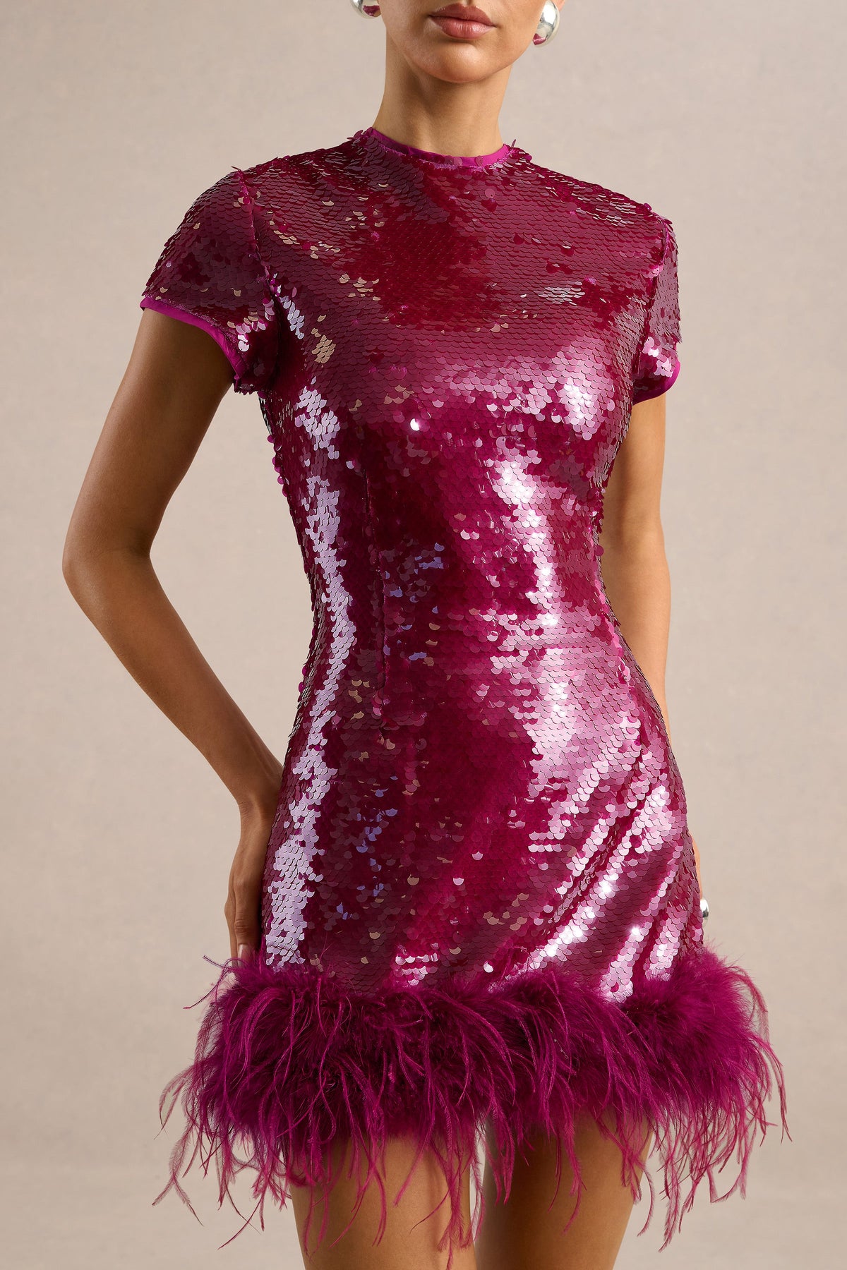 ECM_HR_CL138878080 - Ashlyn _ Hot Pink Sequin High Neck Short Sleeve Mini Dress With Feather Detailing3.jpg